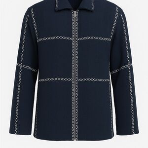 Men's Navy Cotton Sweater Jacket with White Stitching